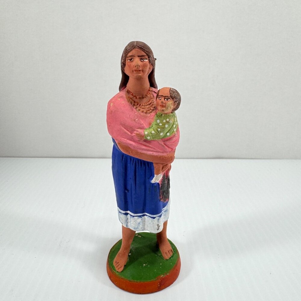 Vintage Mexican Folk Art Clay Figurine Mother Holding Child Southwest Decor